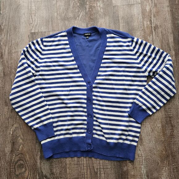 Torrid Blue Stripe Chiffon Back Button Cardigan - Picture 1 of 3